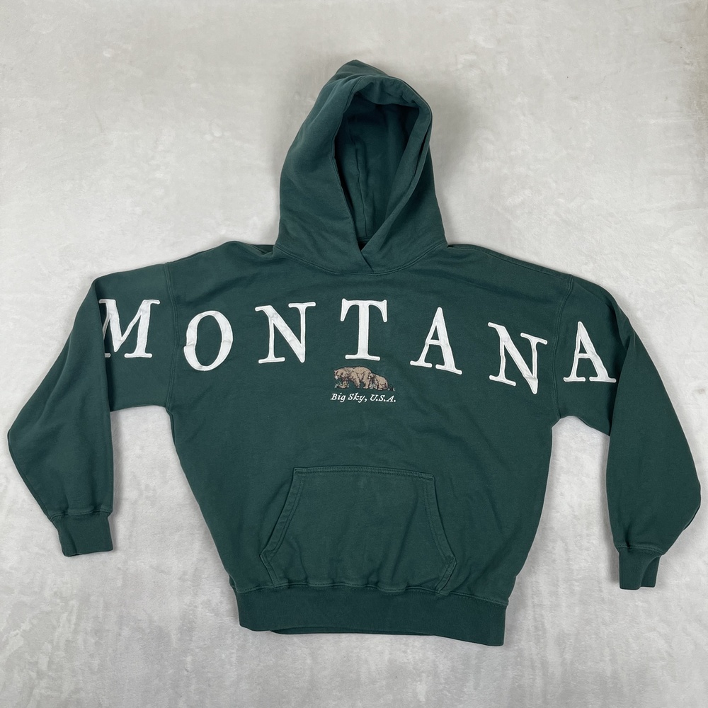 Hollister Hoodie Womens Small Green Fleece Pullover Montana Bear Graphic USA